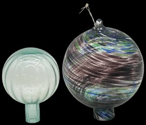 2 Pcs Mouth-Blown Art Glass Orbs, 1-With Hanger, Largest 5' Diam. X 6.25'H