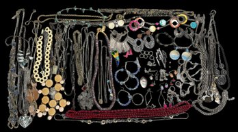 Vintage Lot Of Costume Jewelry, 2.15 Lbs - Necklaces, Earrings, Rings, Belt, Some Marked, As Pictured