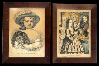 2 Pcs Antique Hand-Colored Currier & Ives Prints In Mahogany Frames, Largest 12.75' X 16.5'H