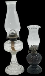 2 Pcs Kerosene Lamps - Vintage Amber Pressed Glass Font Kerosene Lamp And 17.5'H Clear Glass
