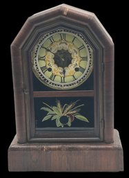 Antique New Haven Mahogany Veneered Mantle Clock, Hand-Painted Face, 10.75' X 4.5' X 15.5'H