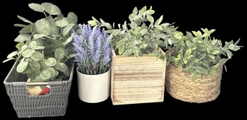 4 Various Containers With Faux Plants, As Pictured