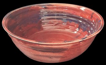 Hand-Thrown Studio Pottery Bowl Red Glaze With Blue Drip, Incised 'MAW 2014', 12' Diam. X 4.5'H