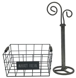 2 Pcs Metal Kitchenwares - Countertop Paper Towel Holder With Curved Final And Market Fresh Black Wire Basket