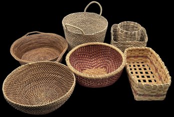 7 Pcs Woven Basket Lot - Various Shapes, Sizes And Material, As Pictured