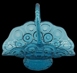 Vintage LE Smith Moon & Stars Blue Glass Basket With Applied Handle, 9' X 6' X 8'H