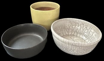 3 Pcs Stoneware-Vintage Japanese Raku Crackle Glaze Bowl9.75' Diam. X 4'H, Yellow Planter & Pottery Barn Barn