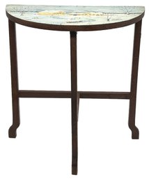 Vintage Demilune Half-Round Table With Tole Painted Winter Scene By Lisa Carpenter 1991, 21.25' X 10.5' X 22.5