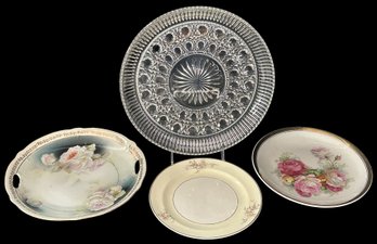 4 Pcs Vintage Plates And Platter, 2-Hand Painted Porcelain Plates, Dessert Plate And EAPG 11' Diam. Platter