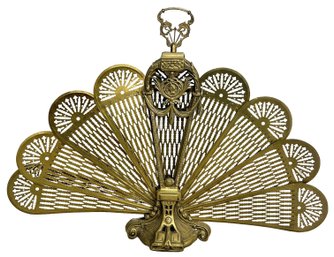 Vintage Victorian-Style Brass Peacock Folding Fireplace Screen With Ornate Filigree & Cameo Design,