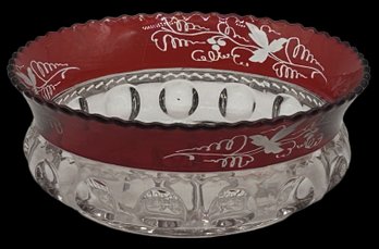 Antique King's Crown Thumbprint Ruby Flash Etched Grapevine Master Berry Bowl, Sawtooth Rim, 8.5' Diam X 3.2'H