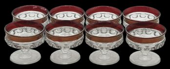 8 Pcs Antique King's Crown Thumbprint Ruby & Gold Flash Footed Sherbet Bowls, 3.75' Diam. X 3'H