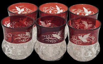 6 Pcs Antique King's Crown Thumbprint Ruby Flash Etched Grapevine Rocks Glasses, 3.25' Diam. X 3.5'H