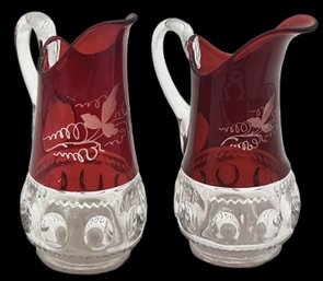 2 Pcs Antique King's Crown Thumbprint Ruby Flash Etched Grapevine Ewer Pitchers, 8.5'H