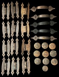 27 Pcs Vintage Hammered Copper Drawer Pulls And Hinges, As Pictured