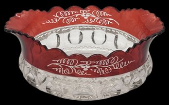 Antique King's Crown Thumbprint Ruby Flash Etched Grapevine Oval Bowl, Sawtooth Rim, 9.5' X 7.25' X 3.75'H