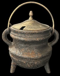 Antique Cast Iron Fire Starter Smudge Pot With Brass Lid, 6' Diam. X 8' X 9'H,Pumice Wand Not Present