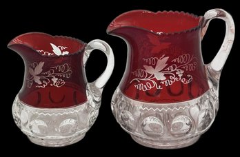 2 Pcs Antique King's Crown Thumbprint Ruby Flash Etched Grapevine Pitchers, Sawtooth Rim, Largest 8'H