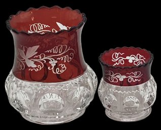 2 Pcs Antique Kings Crown Thumbprint Ruby Flash Etched Grapevine Toothpick Holder &4.5'H Spooner, Sawtooth Rim