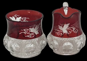 2 Pcs Antique King's Crown Thumbprint Ruby Flash Etched Grapevine 4.5'H Creamer Sawtooth Rim & Sugar Bowl