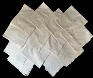 13 Pcs Vintage White Linen And Lace Napkins, 16' Sq