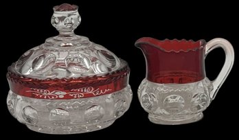2 Pcs Antique King's Crown Thumbprint Ruby Flash Ind Creamer & Etched Grapevine Candy Dish, 4.5' Diam. X 4.5'H