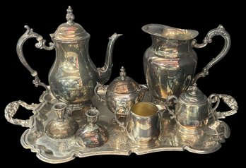 8 Pcs Silver Plate Serving Pieces - Footed Tray, Water Pitcher, Coffee Pot, 2-Creamer, Sugar & Candlesticks