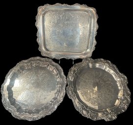 3 Pcs Vintage Silver Plate Serving Trays 2-15' Diam. And 15.25' Sq, Think Weddings, Catering, Parties