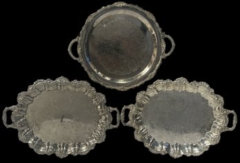 3 Pcs Vintage Silver Plate Serving Trays With Handles, Pair Footed, 22.5' X 16' X 2'H & Round,