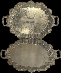 2 Pcs Matched Pair Vintage Silver Plate Footed Serving Trays With Handles, 22.5' X 16' X 2'H