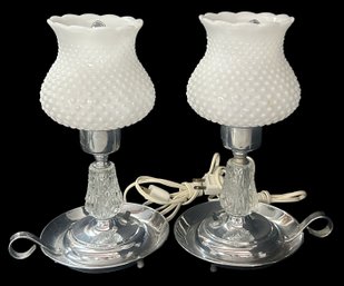 Vintage Pair Hobnail Milk Glass Hurricane-Style Chamberstick Form Chrome Boudoir Lamps, 10.5'H, Working