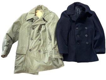 Two Military Outer Coats - Army Overcoat And Navy Peacoat - No Size Or Labels In Either