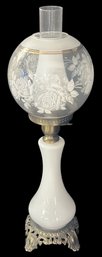 Vintage Hurricane-Style Table Lame, Frosted Roses Shade, Brass Base And Milk Glass Font, 24.5'H, Working