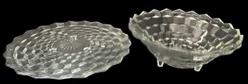 2 Pcs Vintage Fostoria American Whitehall Glass Serving Pieces - Diamond Cube Pattern