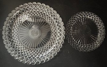 2 Pcs Vintage Anchor Hocking Waterford Clear Waffle Pattern, 9.5' Diam. & 14' Diam.