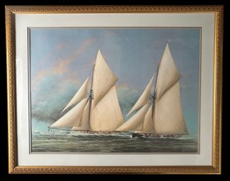 Large Well Framed & Double Matted Print Of Two Racing Yachts, 35.75' X 28.25'H