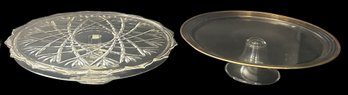 2 Pcs 14' Diam. Gold Rimmed Footed Cake Plates - Mikasa 'Hampshire Gold' 3.5'H & Pittsburgh Gold Rimmed 4'H
