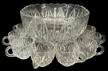 13 Pcs Punch Bowl Set - Hazel Atlas Williamsport Starburst Pressed Glass Bowl 11' Sq X 6'H & 12 Cups