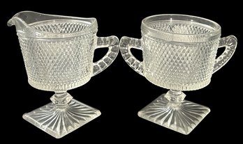 2 Pcs Vintage Westmoreland Glass English Hobnail Square Footed Creamer & Sugar Bowl Set, 4'H