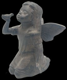 Vintage Rustic Cast Iron Kneeling Fairy Holding Bird, 7'H