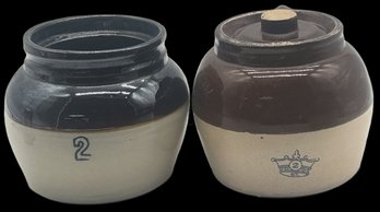 2 Pcs Vintage Brown & White No. 2 Stoneware Bean Pots - Robinson Ransbottom With Lid And Other Without Lid