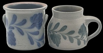 2 Pcs Salmon Falls Stoneware Pottery - 1994 Crock With Blue Flowers And 2001 Mug With Green Flowers