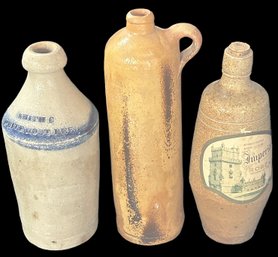 3 Pcs Stoneware Bottles - 11.25'H German Mineral Water, Smiths Brite Root Beer & Rose Wine
