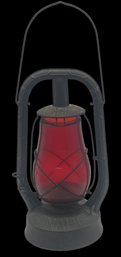 Antique Dietz Monarch Railroad Lantern With Red Glass Globe, 18.5'H (Handle Up)