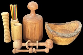 6 Pcs Treenware, Turned Bowl & Covered Urn, Pick-Up Sticks And Others As Pictured