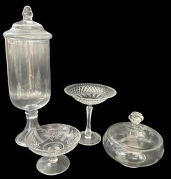 4 Pcs Clear Glass Candy Dish - 16'H Apothecary Jar, 2-Footed Compotes & Covered Etched Bowl