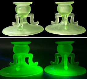 Pair Vintage Westmoreland Glass Green Frosted Satin Uranium Glass Candlestick Holders