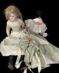 Vintage Or Antique 26'H Porcelain Doll With Georgeous Green Dress & Hat With Lace