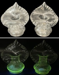 Pair Vintage Jack-In-The-Pulpit Clear Uranium Glass Vases, 6.75'H