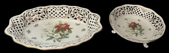 2 Pcs Vintage Oscar De La Renta Reticulated Poinsettia Bowl Oval 12.5' X 8.75' X 1.75'H & Round Tri-Footed 7.5